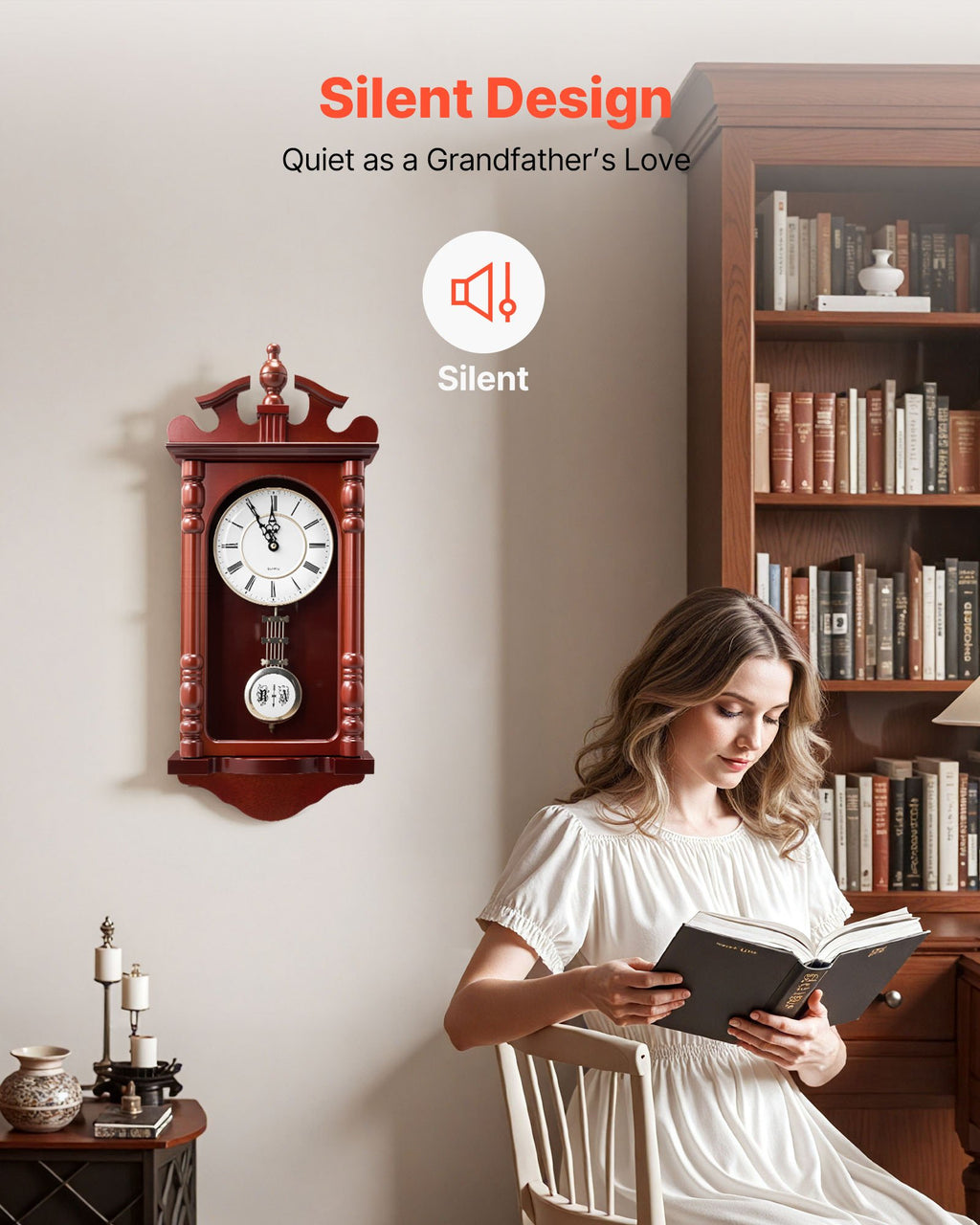 Pendulum Wall Clock, 23.2 In Wood Grandfather Clock With Quartz Movement, Cherry Tone Finish, Silent Vintage Decor for Living Room