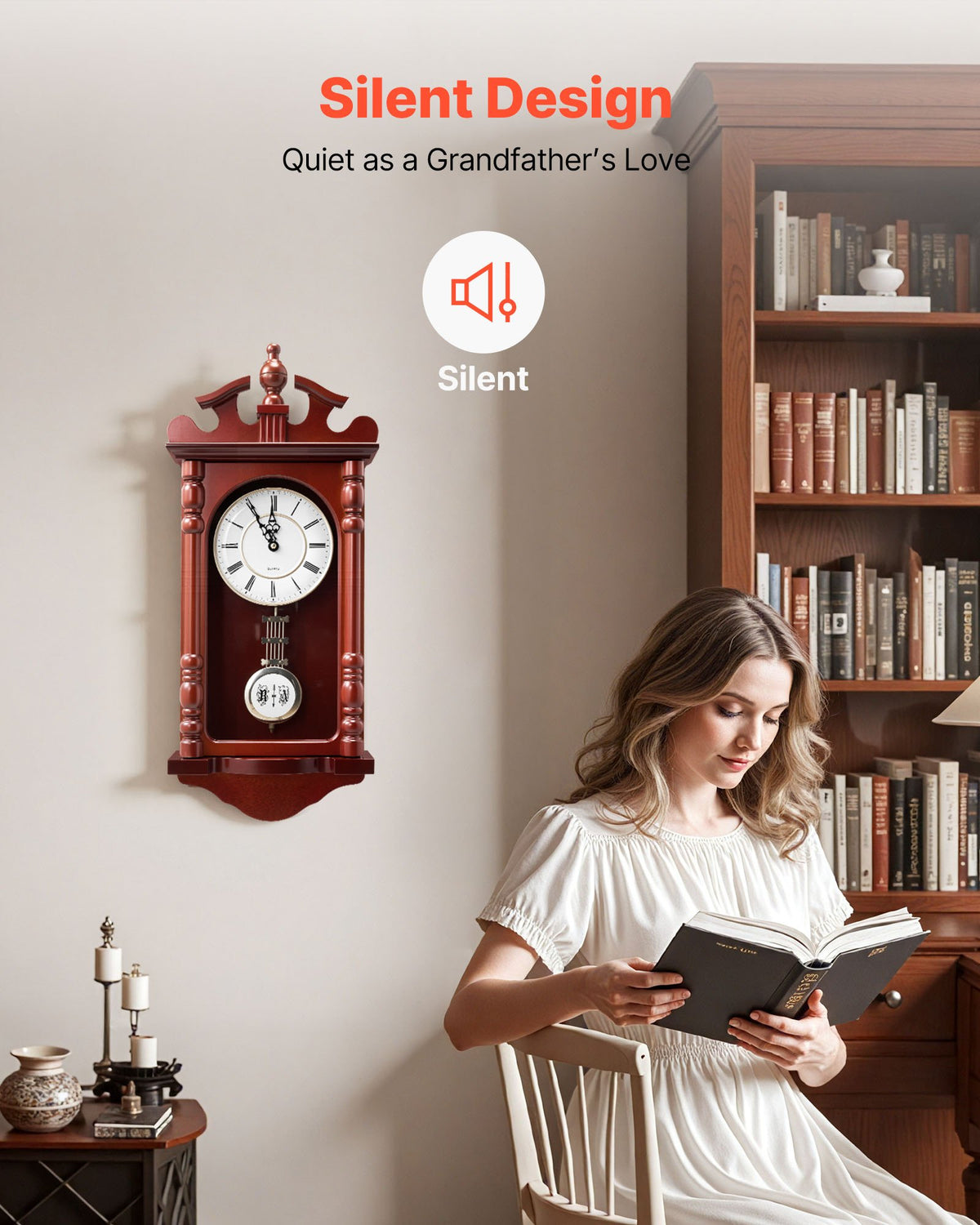 Pendulum Wall Clock, 23.2 In Wood Grandfather Clock With Quartz Movement, Cherry Tone Finish, Silent Vintage Decor for Living Room