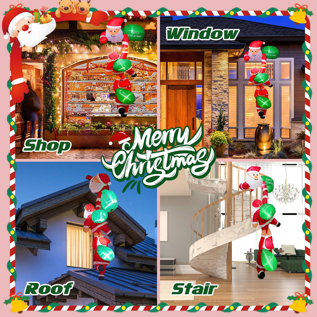 8 Ft Climbing Santa Claus Christmas Inflatable With LED Lights, Hanging Blow Up Outdoor Yard Decoration, 3 Santas and 3 Merry Christmas Bags