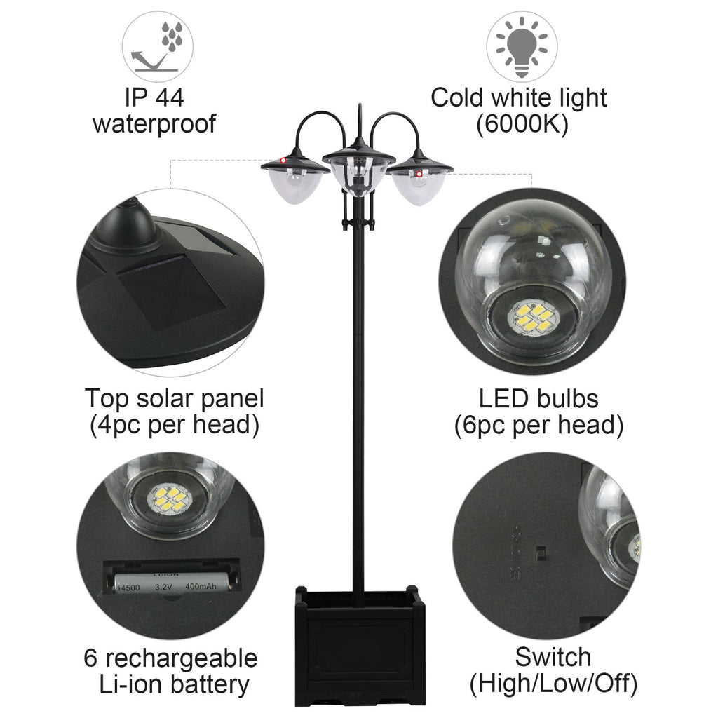 Solar Lamp Post Light with Planter Base, 74.5" 3-Head Black Outdoor LED Pole Light for Driveway, Patio, Garden and Pathway