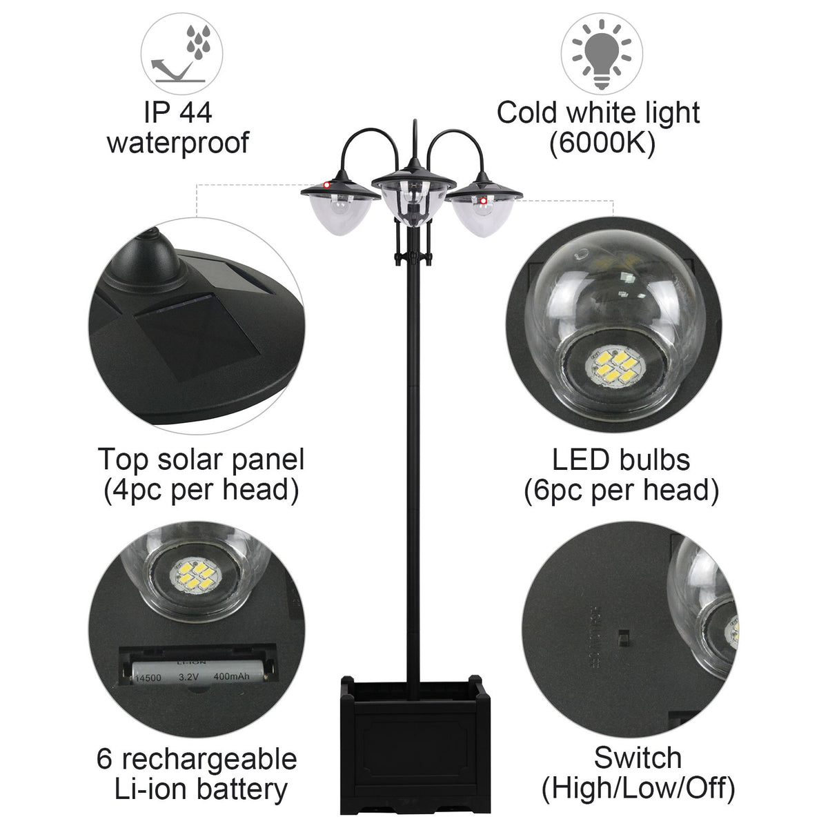 Solar Lamp Post Light with Planter Base, 74.5" 3-Head Black Outdoor LED Pole Light for Driveway, Patio, Garden and Pathway