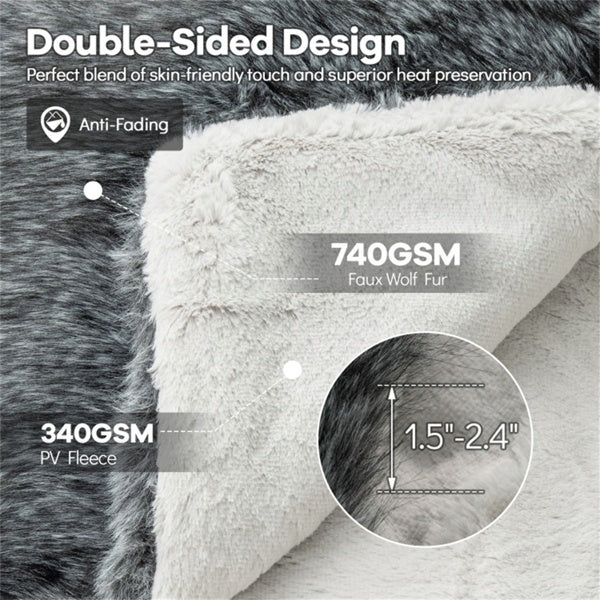 Faux Fur Throw Blanket, Gray Double-Sided Fleece Lined Twin Blanket, 60" x 80"