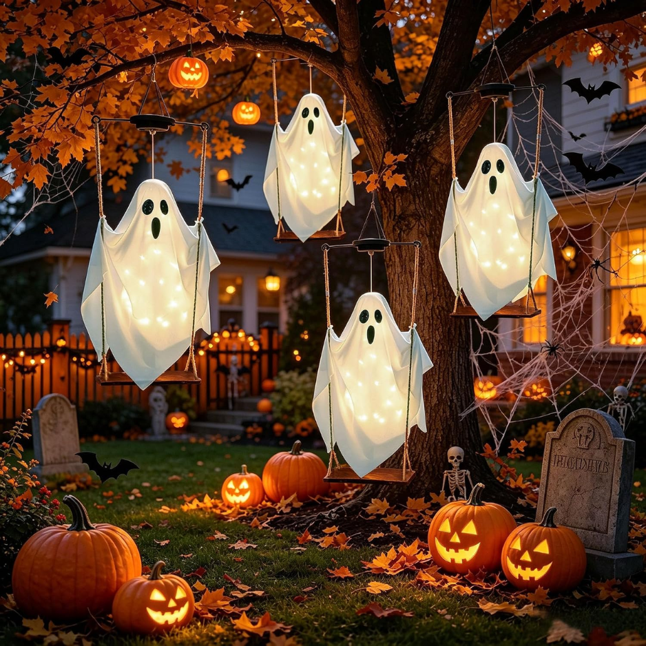 Solar Hanging Ghost Swing Halloween Decorations, 2 Pack Lighted Outdoor Ghost Decor With Warm White LED String Lights