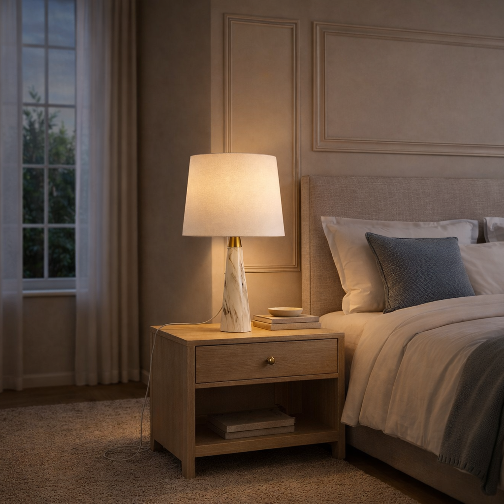 White Faux Marble Table Lamp With Fabric Shade, 25 in. Gold Accent Bedside Lamp