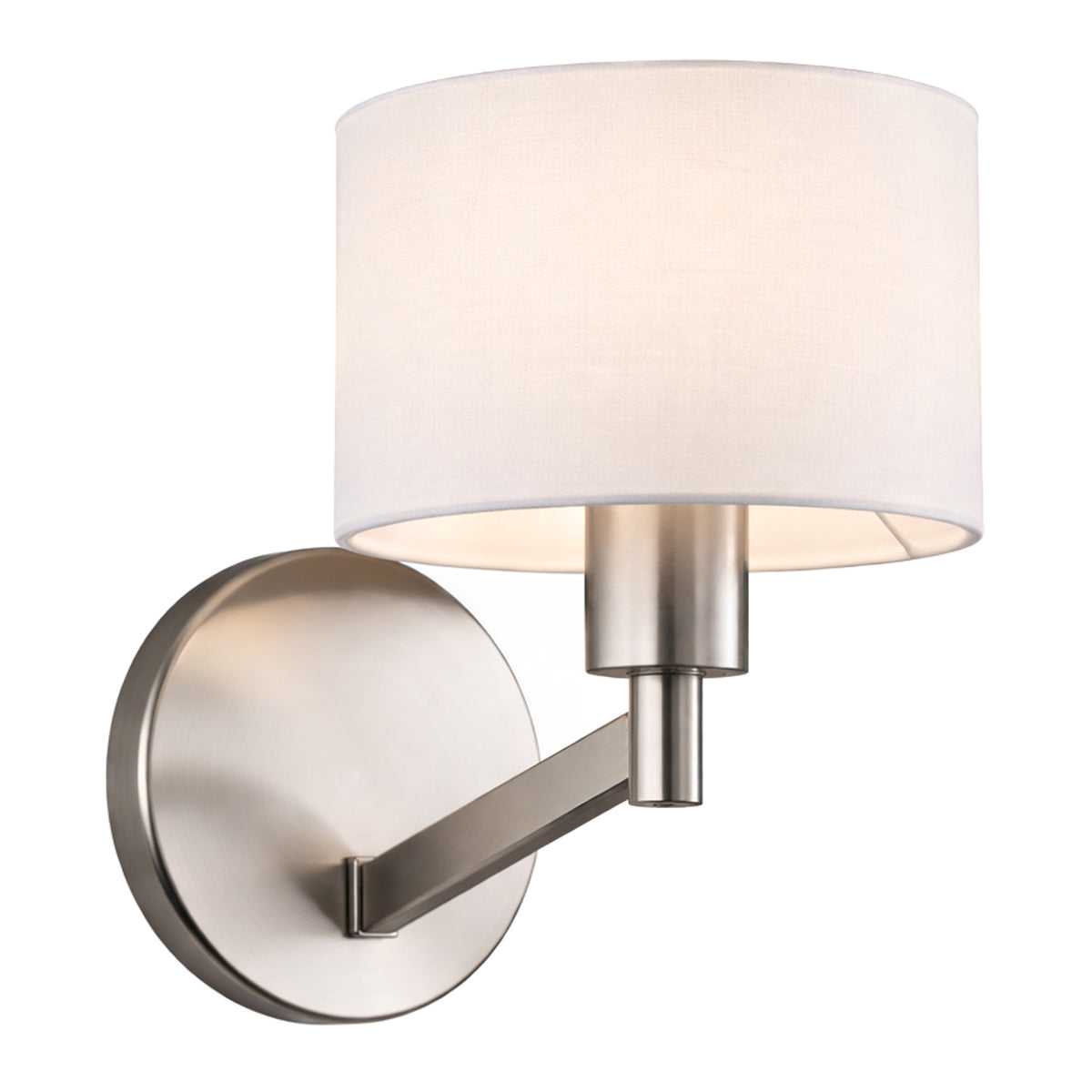 Brushed Nickel Wall Sconce With White Fabric Drum Shade and Rotary Switch, Modern 1-Light Wall Lamp