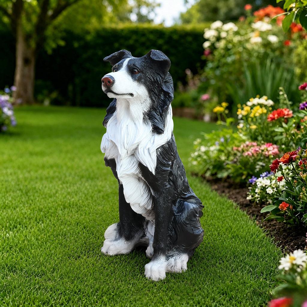 Border Collie Dog Statue, Black and White Resin Garden Greeter Sculpture, 17 in Tall Indoor Outdoor Decor
