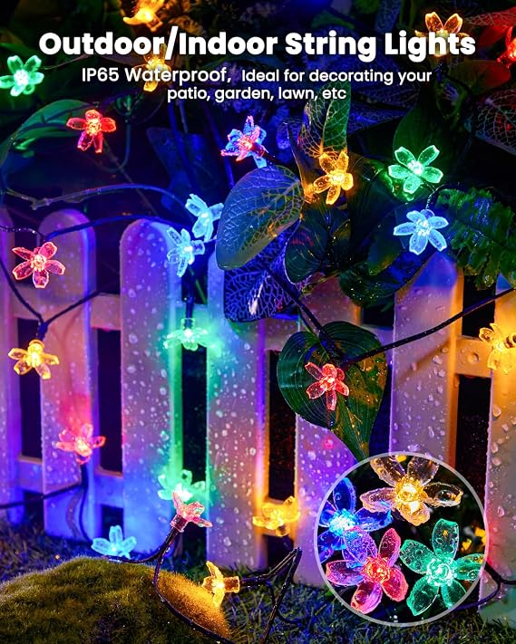 Solar Flower String Lights, 60 LED Cherry Blossom Fairy Lights, 26 Ft Waterproof Multicolor Outdoor Lights for Garden, Patio and Yard