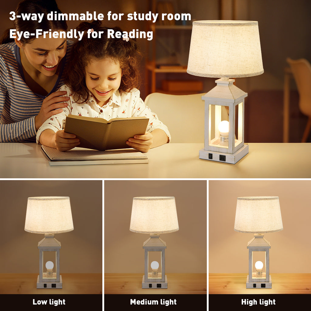 Farmhouse Table Lamps Set of 2, 20.5 In White Lantern Nightstand Lamps With USB C and A Ports, AC Outlet and Linen Shade