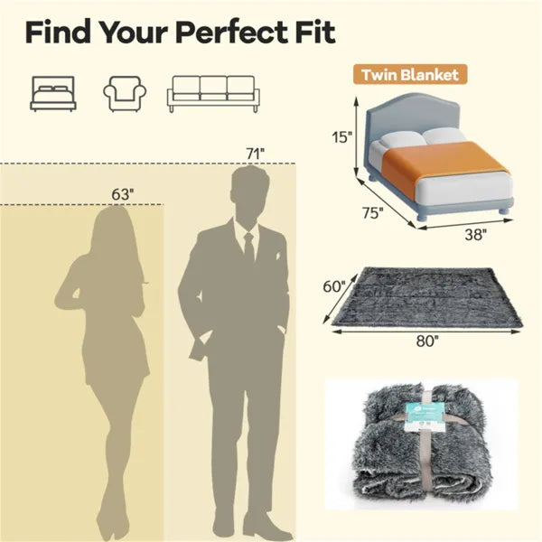 Faux Fur Throw Blanket, Gray Double-Sided Fleece Lined Twin Blanket, 60" x 80"