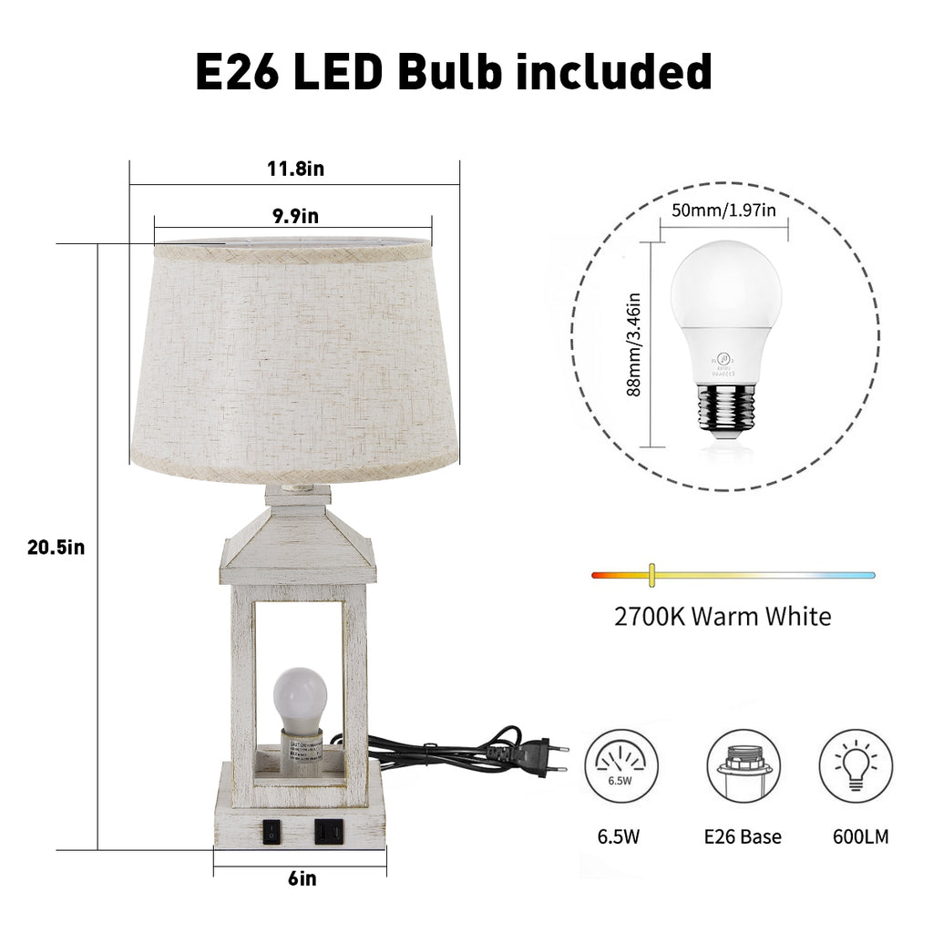 Farmhouse Table Lamps Set of 2, 20.5 In White Lantern Nightstand Lamps With USB C and A Ports, AC Outlet and Linen Shade