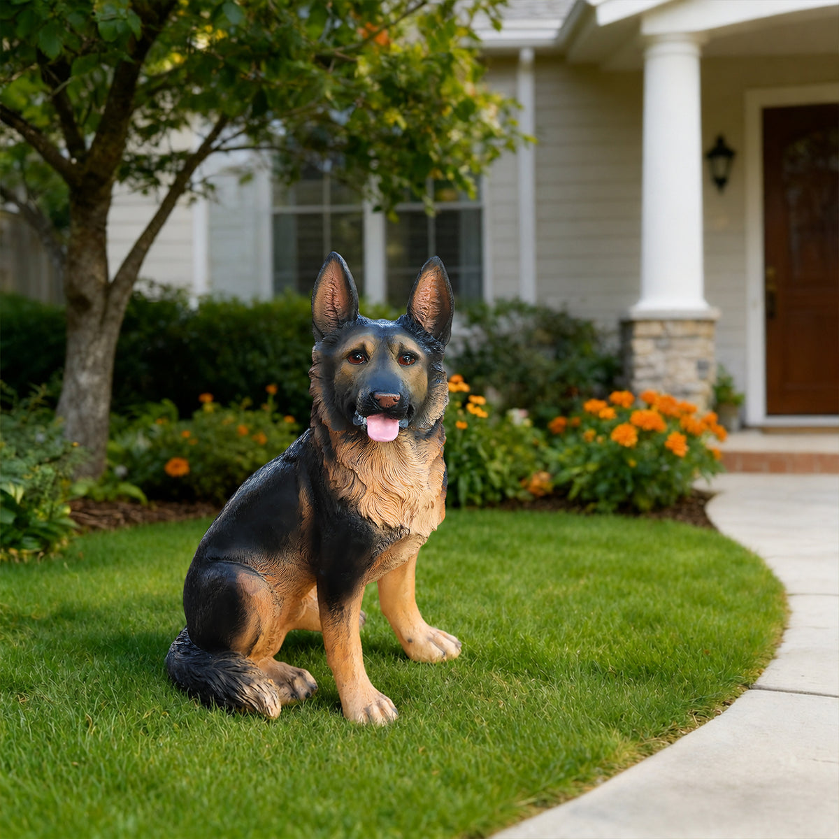 German Shepherd Dog Statue, Lifelike Resin Garden Sculpture, Brown, 18.9 in Outdoor Lawn Decor