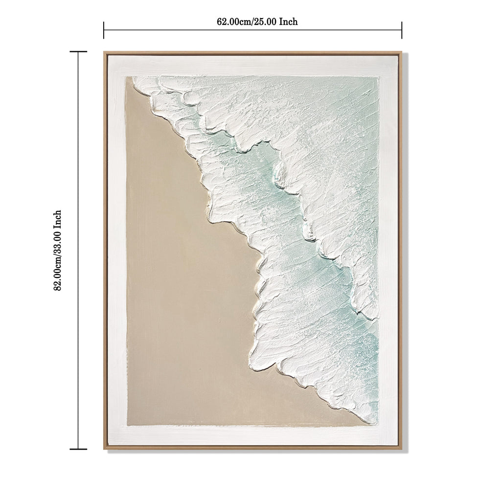 Framed Ocean Wave Wall Art, Set of 2 Textured Canvas Paintings, 25 x 33 In, Aqua Blue and Beige Coastal Decor