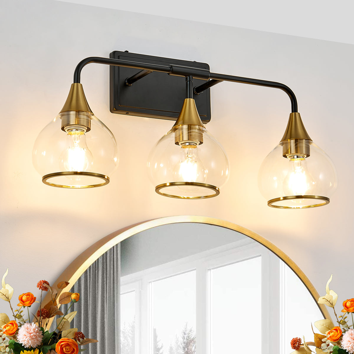3-Light Bathroom Vanity Light, Black and Gold Wall Sconce With Clear Glass Shades, 23 in. Modern Industrial Fixture