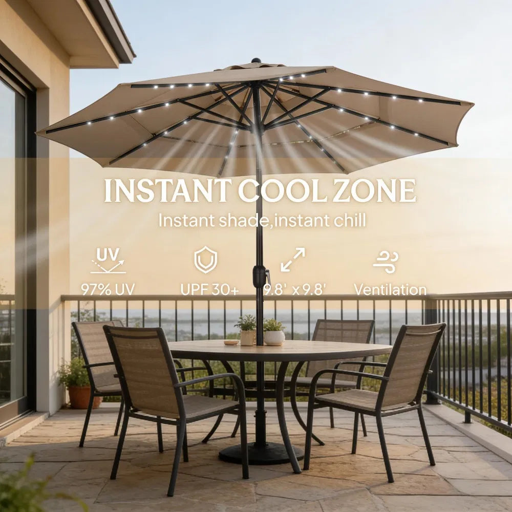 9.7 Ft Patio Umbrella with 32 Solar LED Lights, Khaki Tilting Outdoor Market Umbrella with Crank, Base Not Included