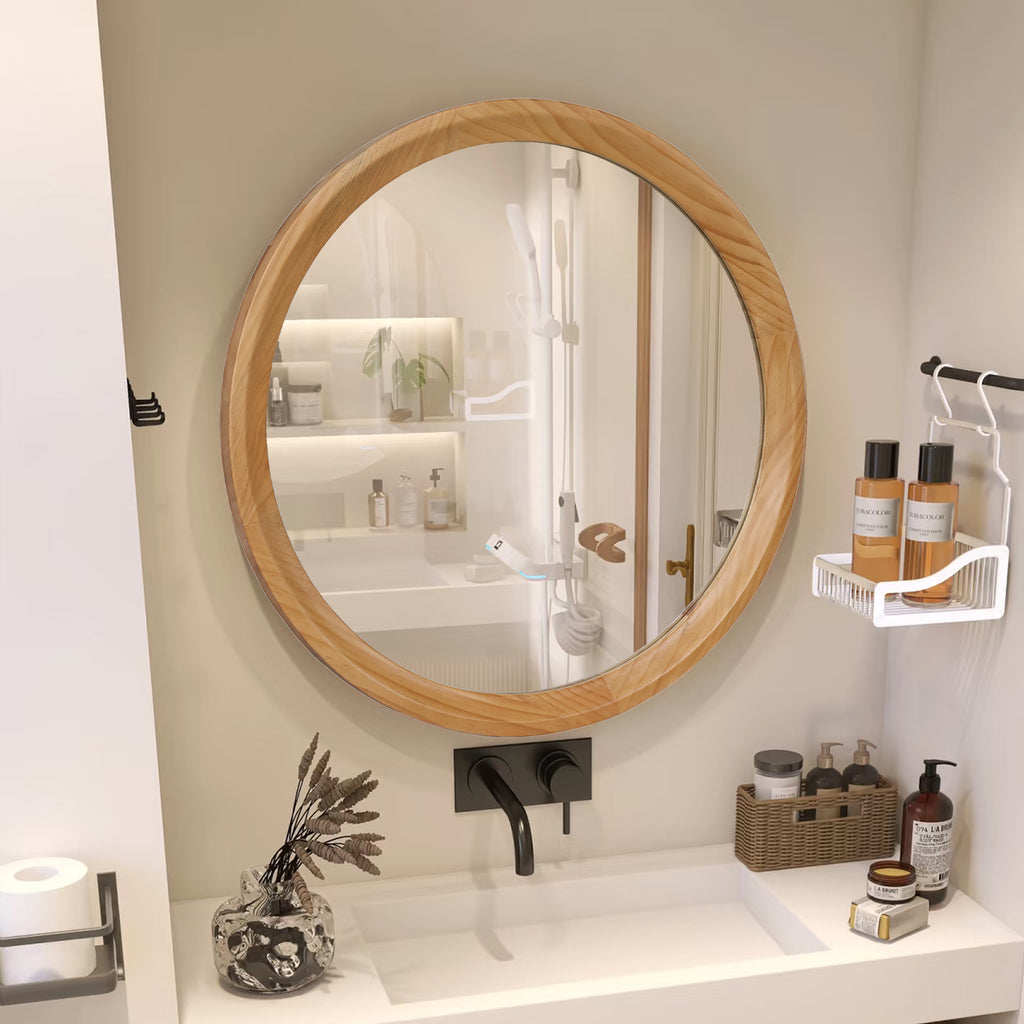 Round Wood Wall Mirror, 23.62 Inch Natural Light Oak Frame Decorative Mirror for Bathroom Vanity, Entryway and Living Room