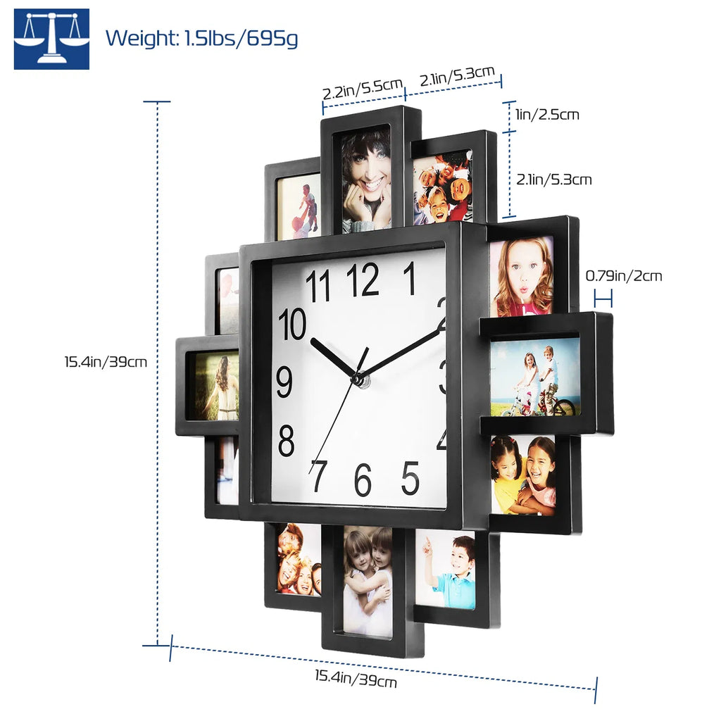 Photo Frame Wall Clock With 12 Picture Display Slots, Black ABS Collage Clock for Living Room, Bedroom, or Office, 15.35 In