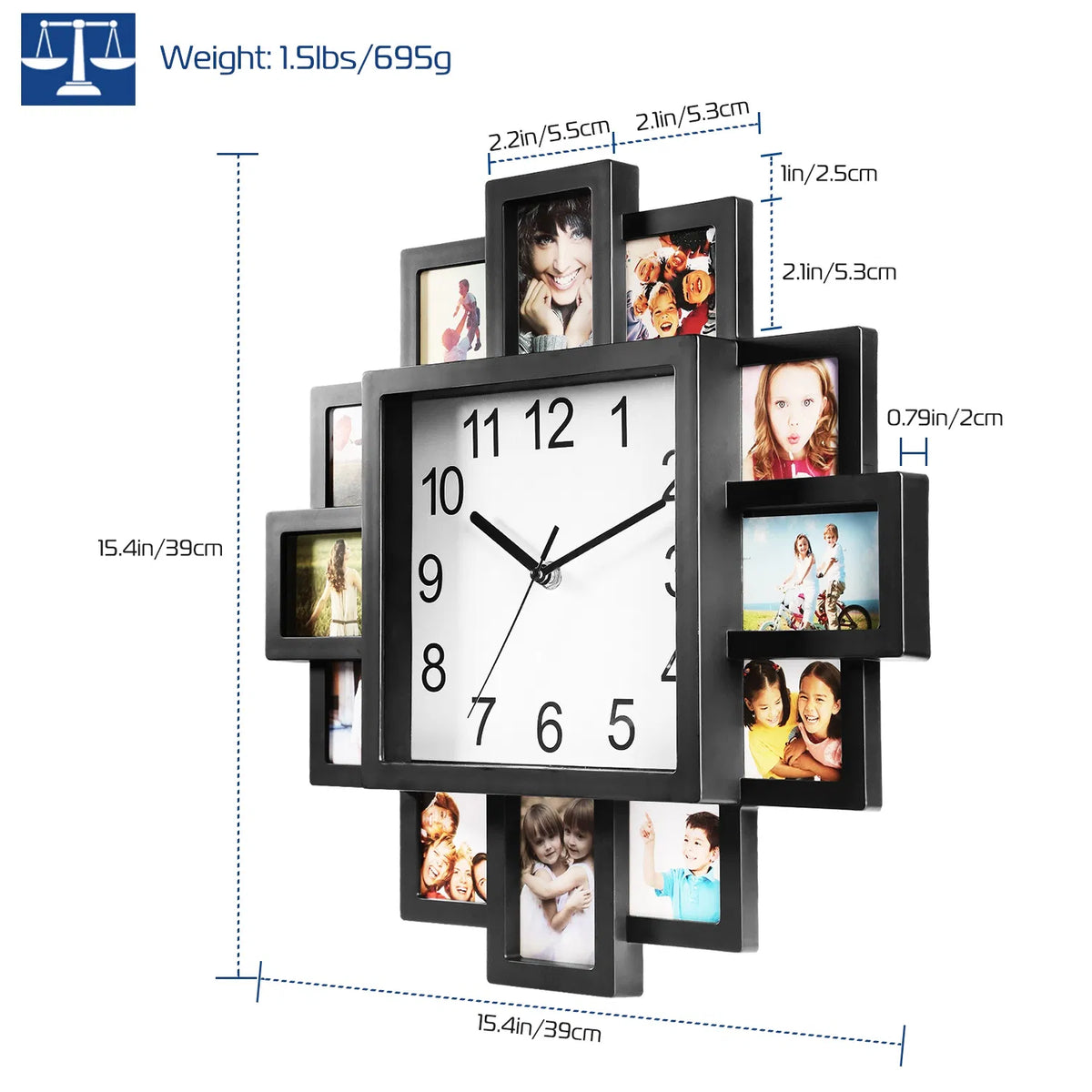 Photo Frame Wall Clock With 12 Picture Display Slots, Black ABS Collage Clock for Living Room, Bedroom, or Office, 15.35 In