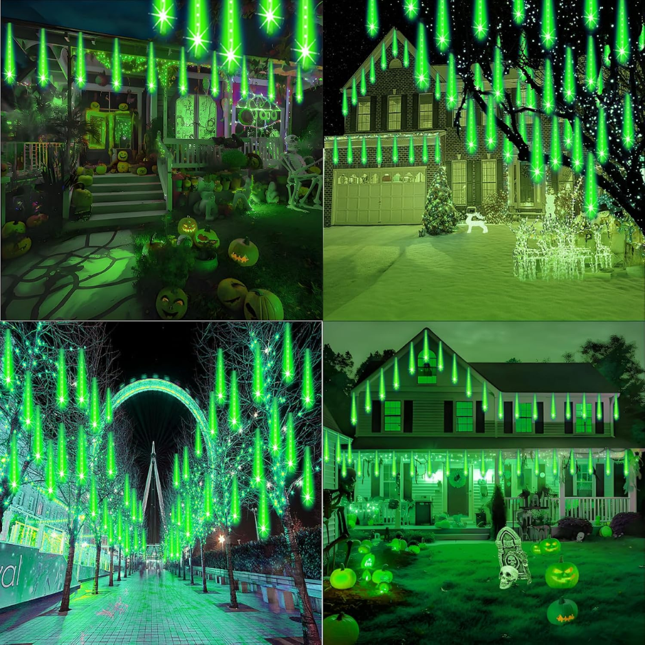 Meteor Shower Lights Outdoor, 8 Tube 192 LED Green Falling Rain Icicle String Lights for Christmas and Halloween, 12 in Tubes