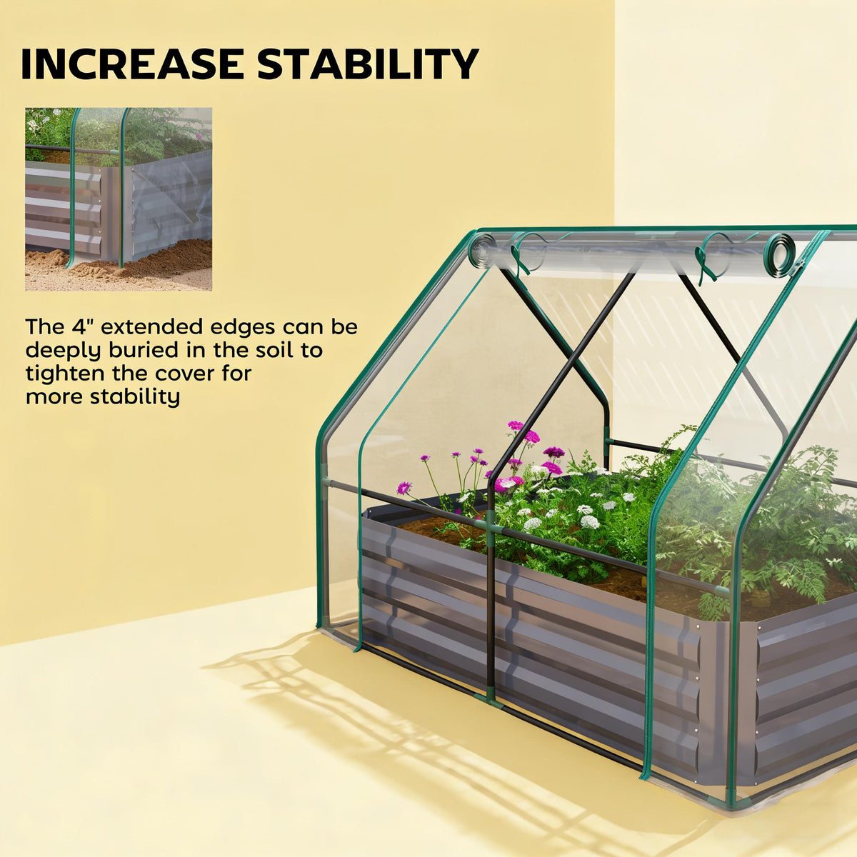 2-in-1 Raised Garden Bed With Mini Greenhouse Cover, Galvanized Steel Planter, 50 x 37.4 x 36.2 Inches, Clear and Dark Gray