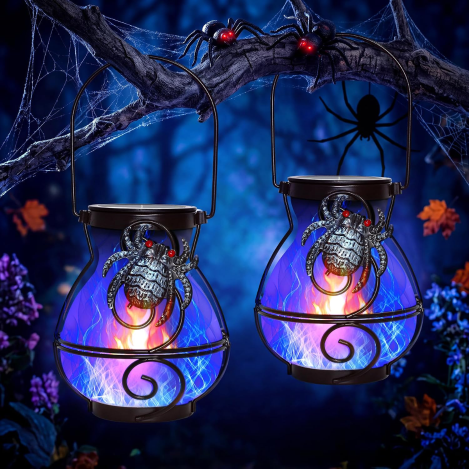 Halloween Solar Spider Lanterns, 2 Pack Hanging Outdoor Lights With Flickering Blue Flame, Waterproof Patio Decor