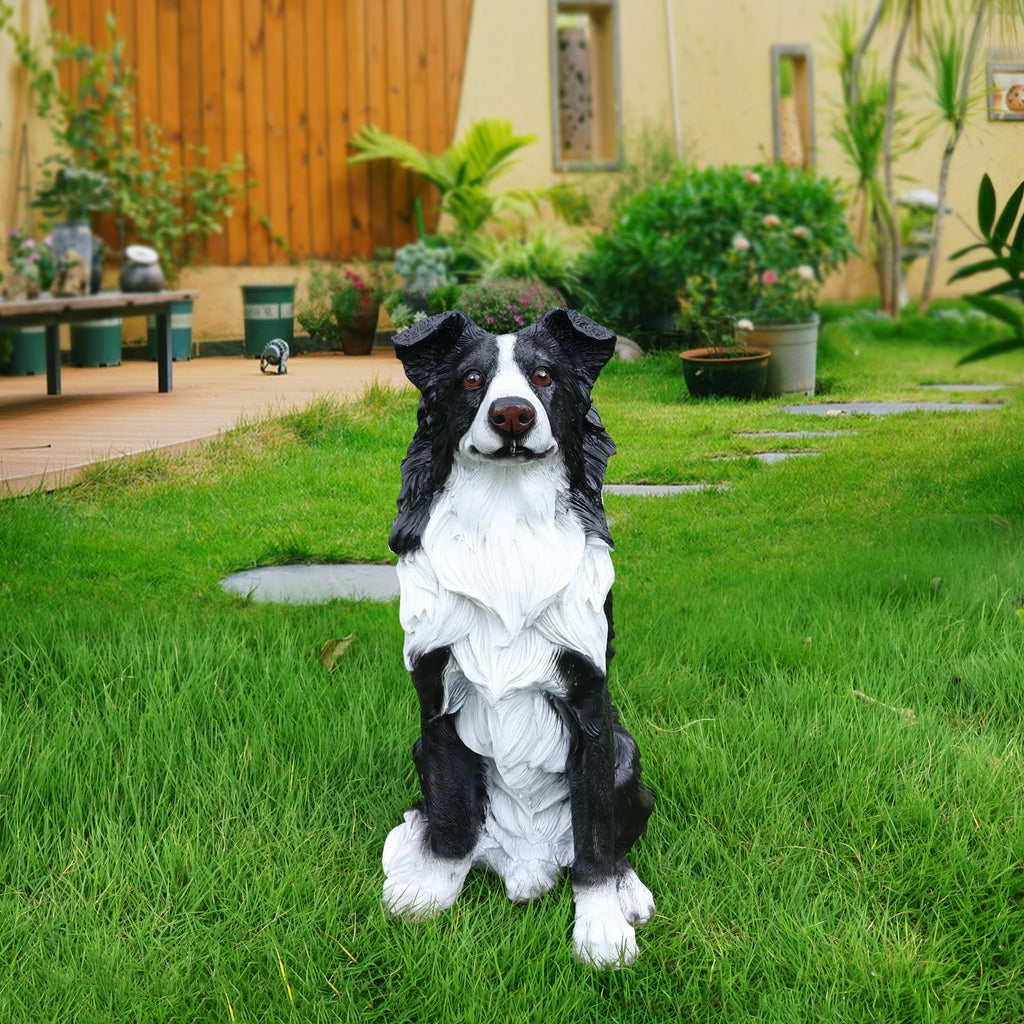 Border Collie Dog Statue, Black and White Resin Garden Greeter Sculpture, 17 in Tall Indoor Outdoor Decor