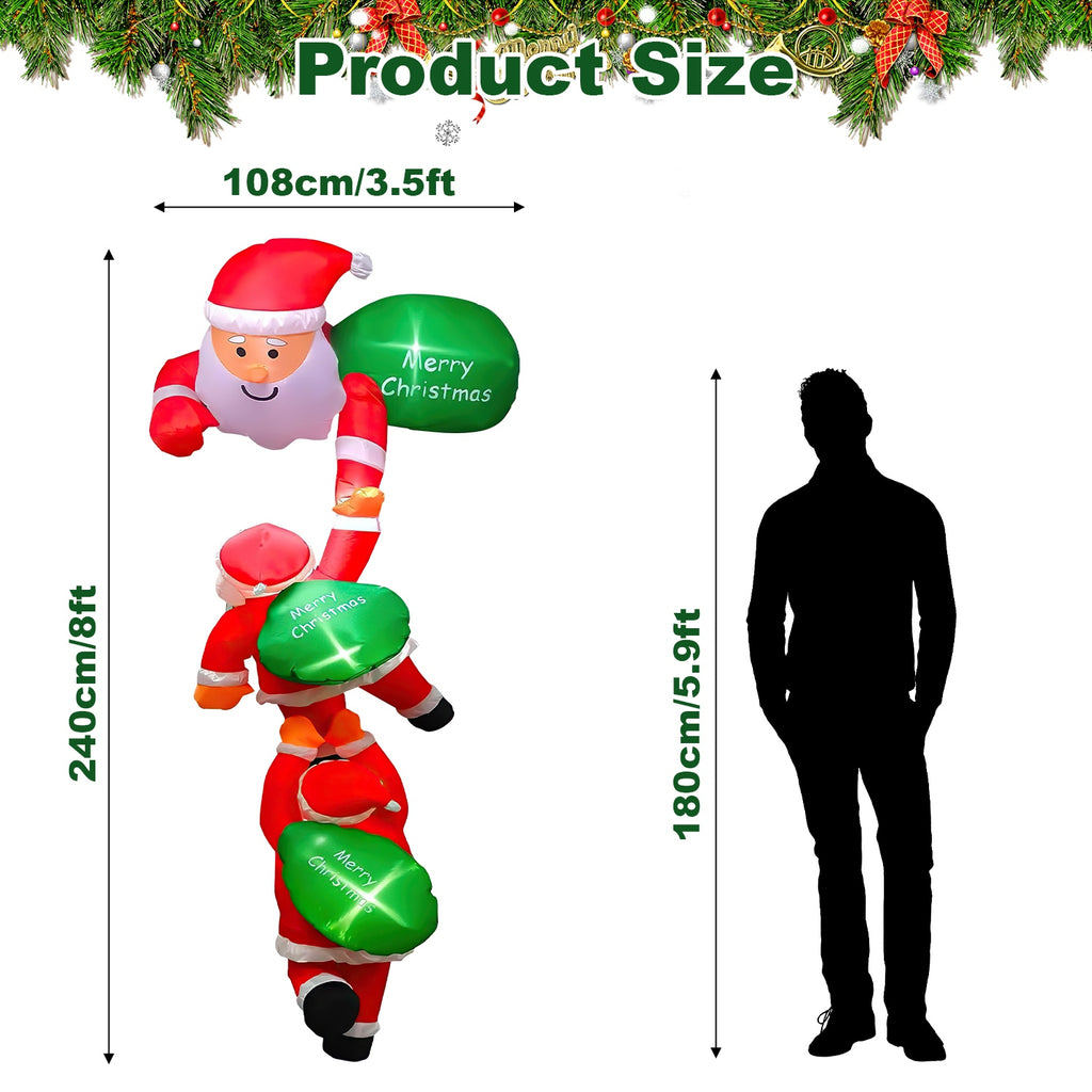 8 Ft Climbing Santa Claus Christmas Inflatable With LED Lights, Hanging Blow Up Outdoor Yard Decoration, 3 Santas and 3 Merry Christmas Bags