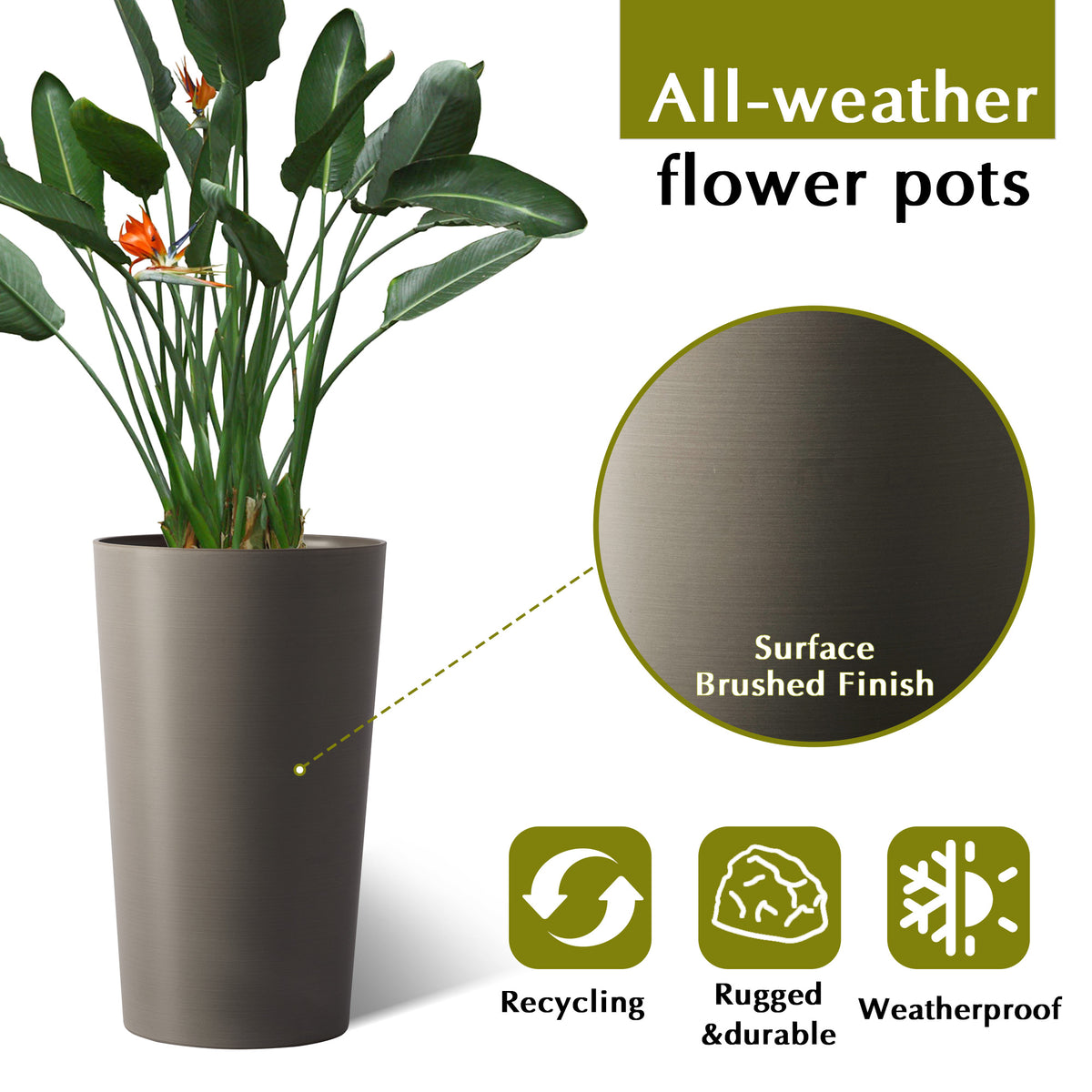 Tall Planters for Outdoor Plants, 21.7 In Brown Tapered Flower Pots, Set of 2, Modern Polypropylene Planter for Patio, Porch and Indoor Use