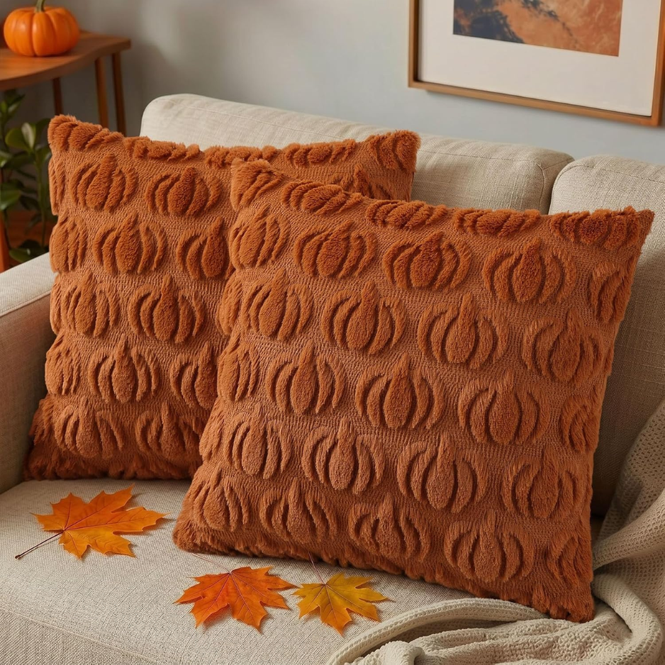 Pumpkin Throw Pillow Covers 18x18 Set of 2, Light Rust Faux Fur Fall Decor Cushion Cases with Velvet Back