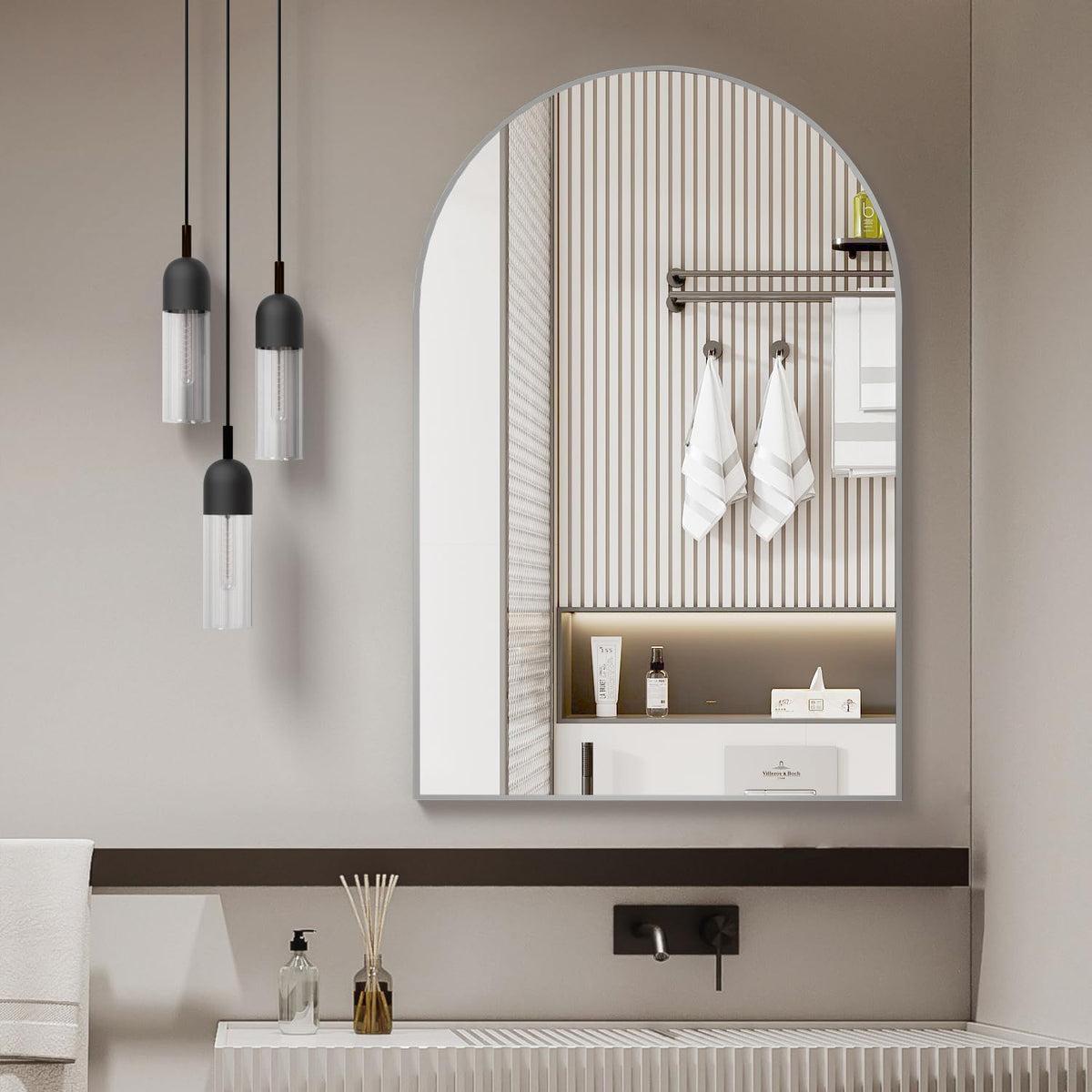 Arched Wall Mirror, 24x32 Inch Silver Metal Framed Bathroom Vanity Mirror