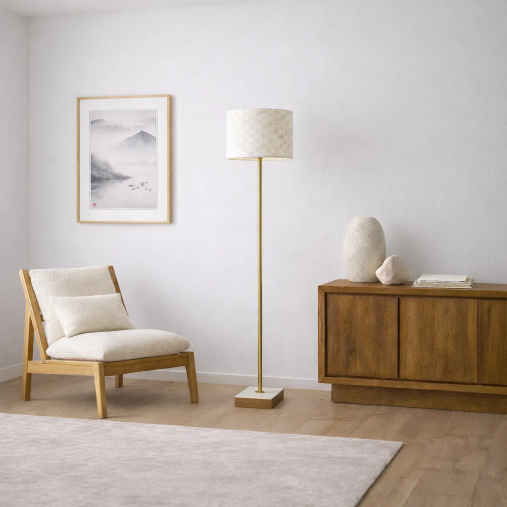 Minimalist Floor Lamp With Neutral Drum Shade, Slim 56" Metal Standing Lamp With Marble and Rubber Wood Base for Living Room