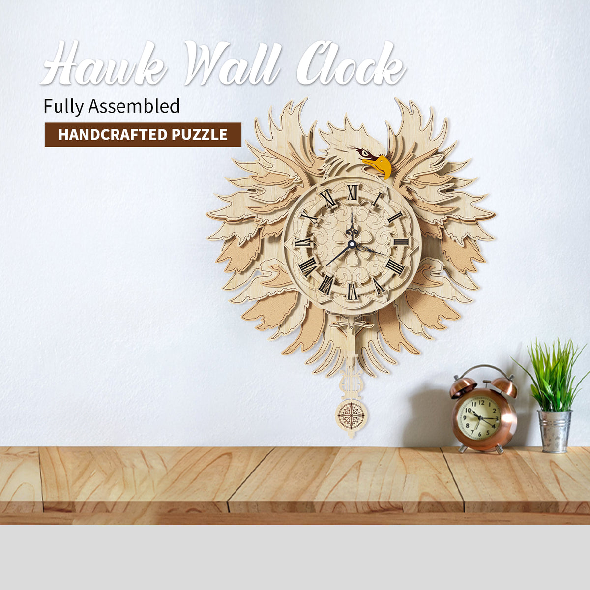 Hawk Wooden Wall Clock 3D Puzzle Kit, Eagle Pendulum Clock Wall Decor