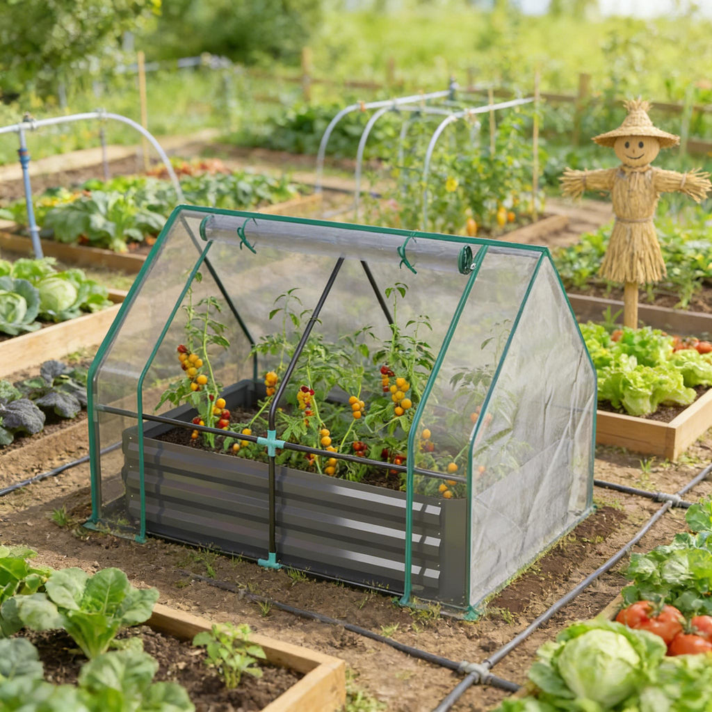 2-in-1 Raised Garden Bed With Mini Greenhouse Cover, Galvanized Steel Planter, 50 x 37.4 x 36.2 Inches, Clear and Dark Gray