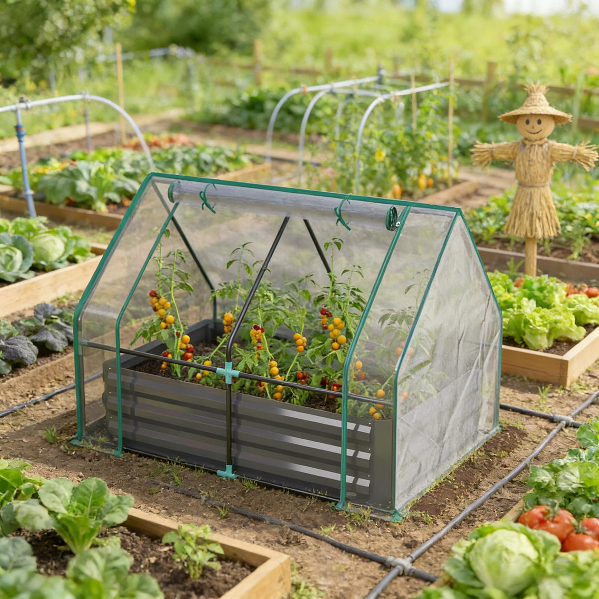 2-in-1 Raised Garden Bed With Mini Greenhouse Cover, Galvanized Steel Planter, 50 x 37.4 x 36.2 Inches, Clear and Dark Gray