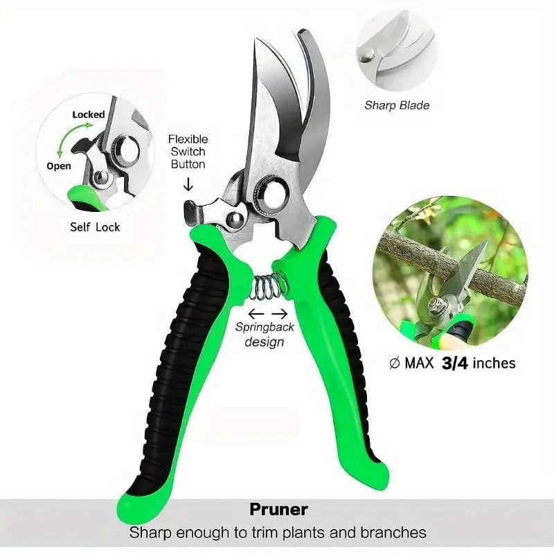 8 Piece Garden Tool Set With Storage Tote, Aluminum Alloy Hand Tools, Pruning Shears and Gloves, Green