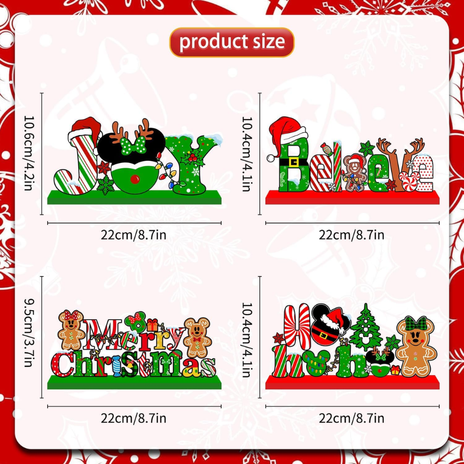 Christmas Wooden Table Signs, Set of 4 Holiday Centerpiece Decorations in Red and Green
