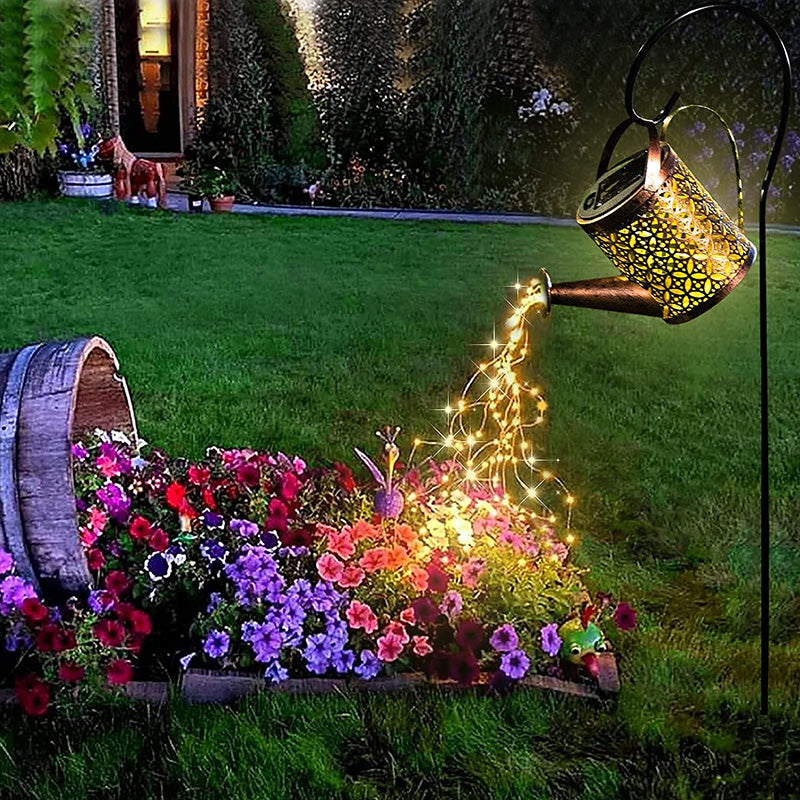 Solar Watering Can Lights With Cascading String Lights, 2 Pack Metal Garden Stake Lanterns