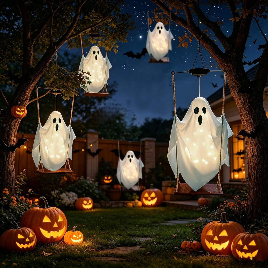 Solar Hanging Ghost Swing Halloween Decorations, 2 Pack Lighted Outdoor Ghost Decor With Warm White LED String Lights
