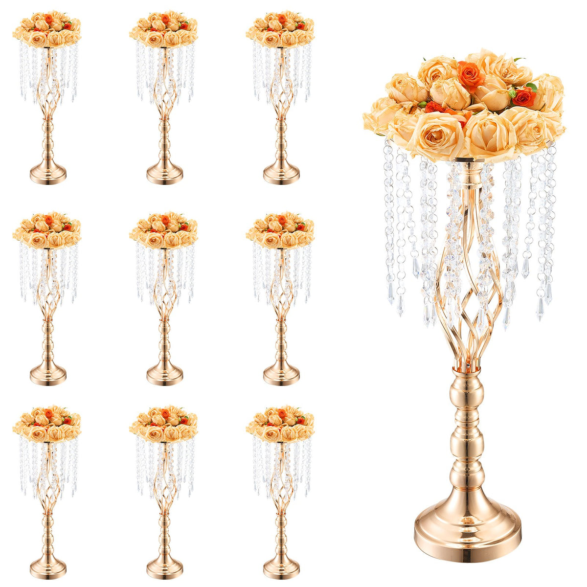 Crystal Wedding Flower Stand Set of 10, Gold Metal Centerpiece Vases, 21.65" Tall Spiral Table Risers for Parties
