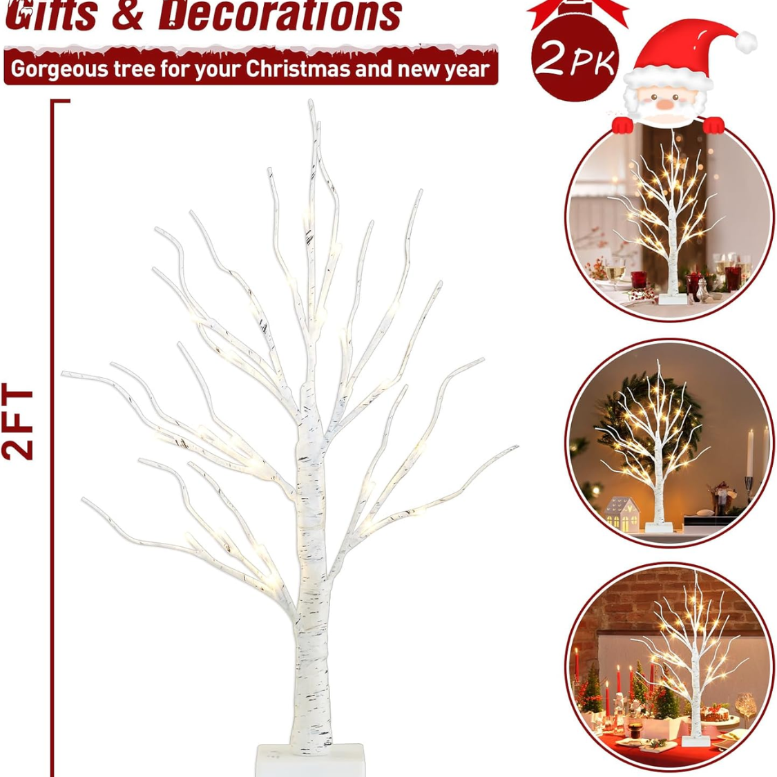 2 Ft Lighted Birch Tree With 24 Warm White LED Lights, White Battery Powered Tabletop Tree