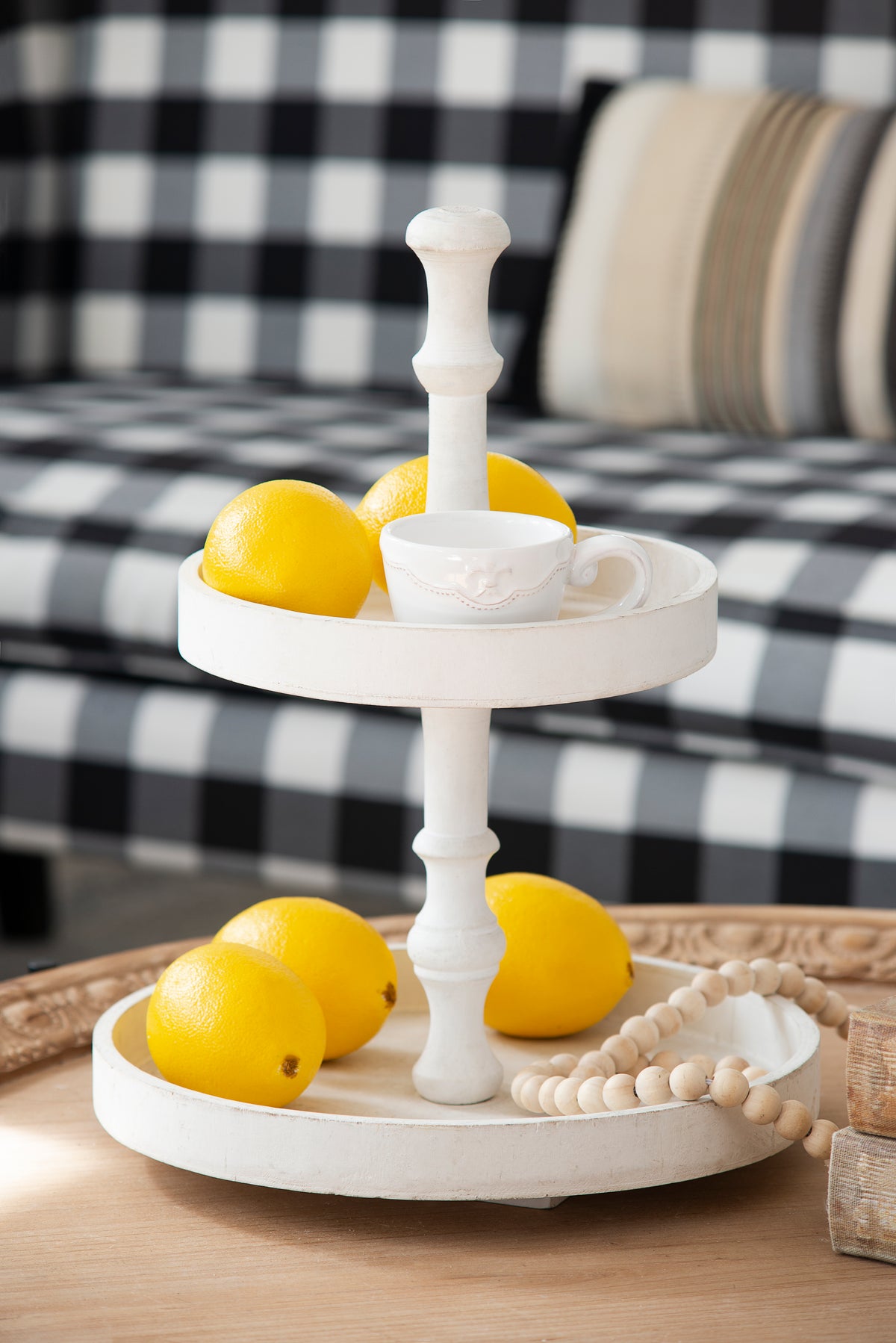 Two-Tiered Round Wooden Tray, White Farmhouse Tiered Serving Stand, 11.8 x 15.4 in.