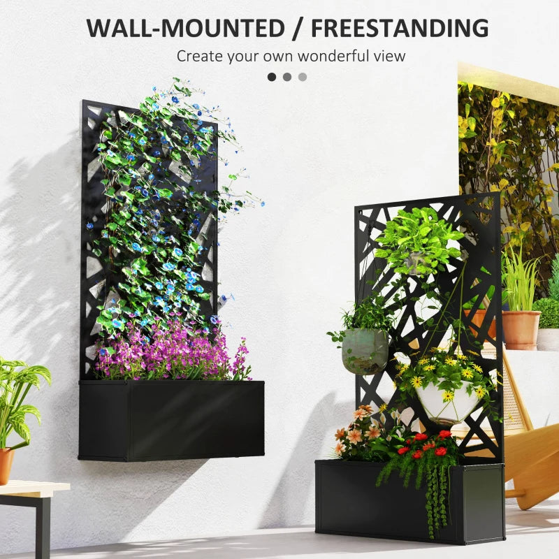Metal Raised Garden Bed Planter Box With Trellis Privacy Screen, Black, Wall-Mounted or Freestanding, 24" x 9.1" x 44.5"