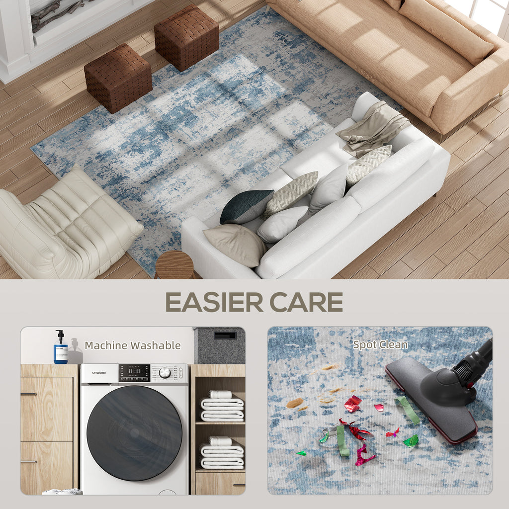 Area Rug 5x7 Machine Washable Non-Slip Blue Abstract Chenille Floor Carpet for Living Room, Bedroom and Dining Room