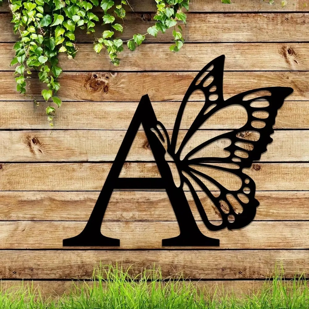 Butterfly Monogram Metal Wall Art Sign, Black Letter Wall Decor for Bedroom, Entryway and Nursery