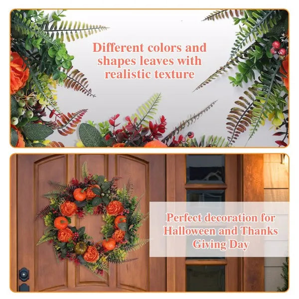 Autumn Wreath With Pumpkins, Berries and Flowers, 17.71" Fall Front Door Wreath for Indoor and Outdoor Decor