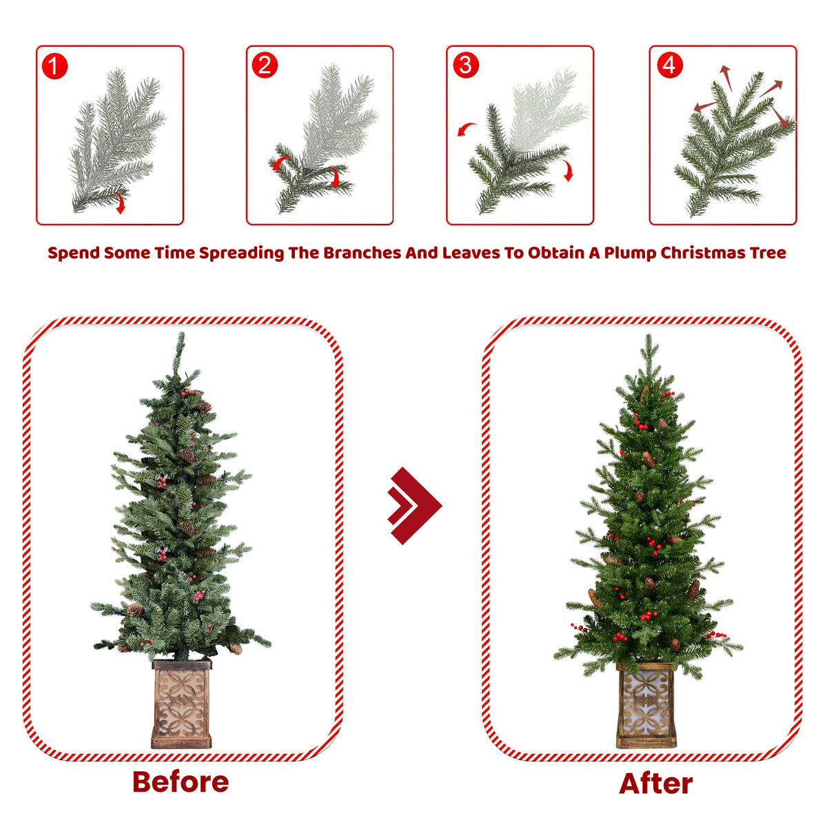 4 Ft Pre-Lit Potted Christmas Tree, Slim Artificial Porch Tree With Multicolor Lights, Pine Cones and Red Berries