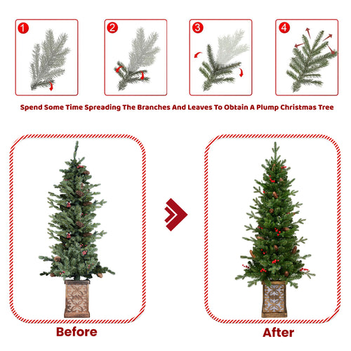 4 Ft Pre-Lit Potted Christmas Tree, Slim Artificial Porch Tree With Multicolor Lights, Pine Cones and Red Berries