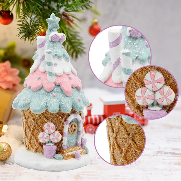 Gingerbread House Christmas Decoration, Pastel Pink and Blue Resin Tabletop Village House Decor