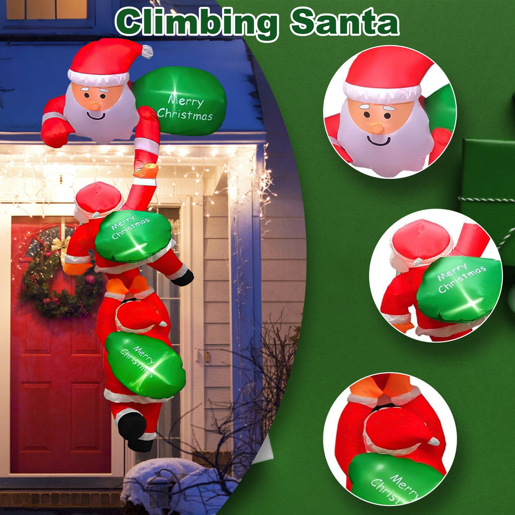 8 Ft Climbing Santa Claus Christmas Inflatable With LED Lights, Hanging Blow Up Outdoor Yard Decoration, 3 Santas and 3 Merry Christmas Bags