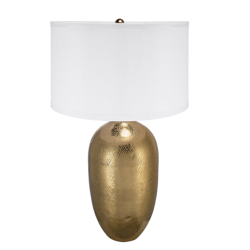 Gold Table Lamp With White Fabric Drum Shade, 31 Inch Textured Aluminum Base