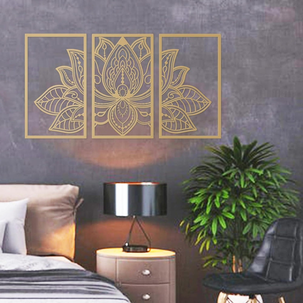 Gold Lotus Mandala Metal Wall Art, 3 Piece Boho Wall Decor Set for Living Room and Bedroom